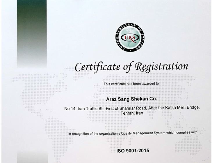 اعطای گواهی نامه استاندارد بین المللی ISO 9001:2015 سیستم مدیریت کیفیت  به شرکت آراز سنگ شکن